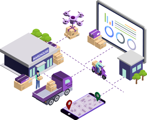 Logistics network illustration showing warehouse, delivery vehicles, and tracking
